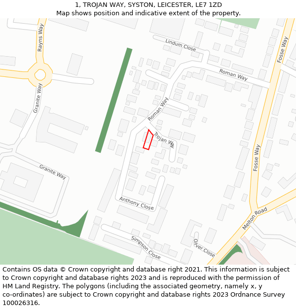 1, TROJAN WAY, SYSTON, LEICESTER, LE7 1ZD: Location map and indicative extent of plot