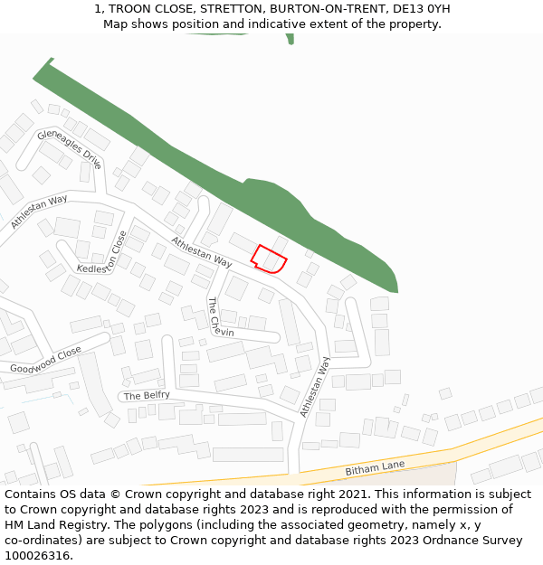 1, TROON CLOSE, STRETTON, BURTON-ON-TRENT, DE13 0YH: Location map and indicative extent of plot