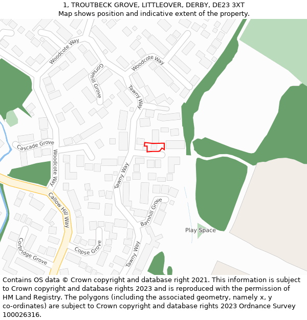 1, TROUTBECK GROVE, LITTLEOVER, DERBY, DE23 3XT: Location map and indicative extent of plot