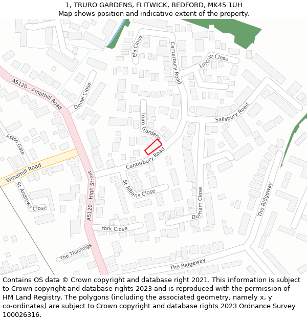 1, TRURO GARDENS, FLITWICK, BEDFORD, MK45 1UH: Location map and indicative extent of plot