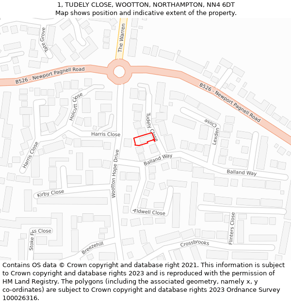 1, TUDELY CLOSE, WOOTTON, NORTHAMPTON, NN4 6DT: Location map and indicative extent of plot