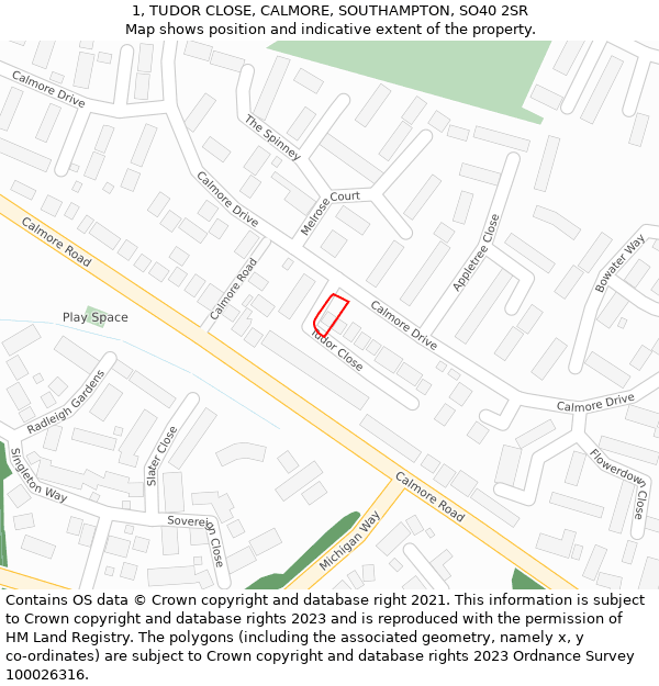 1, TUDOR CLOSE, CALMORE, SOUTHAMPTON, SO40 2SR: Location map and indicative extent of plot