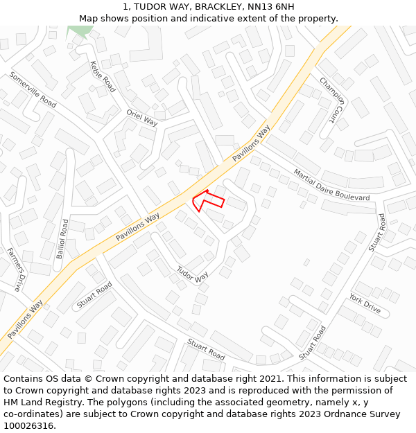 1, TUDOR WAY, BRACKLEY, NN13 6NH: Location map and indicative extent of plot