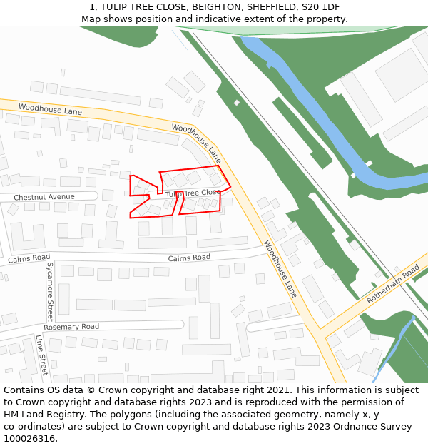 1, TULIP TREE CLOSE, BEIGHTON, SHEFFIELD, S20 1DF: Location map and indicative extent of plot