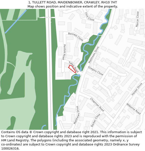 1, TULLETT ROAD, MAIDENBOWER, CRAWLEY, RH10 7HT: Location map and indicative extent of plot