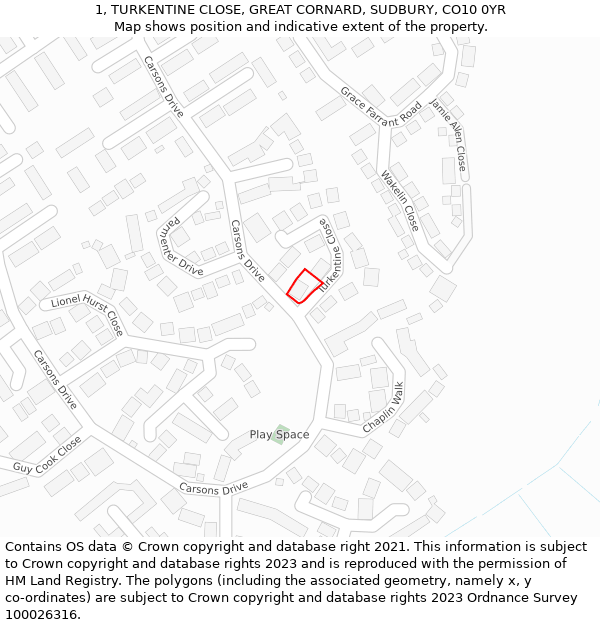 1, TURKENTINE CLOSE, GREAT CORNARD, SUDBURY, CO10 0YR: Location map and indicative extent of plot