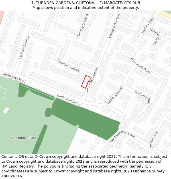 1, TURNDEN GARDENS, CLIFTONVILLE, MARGATE, CT9 3HB: Location map and indicative extent of plot