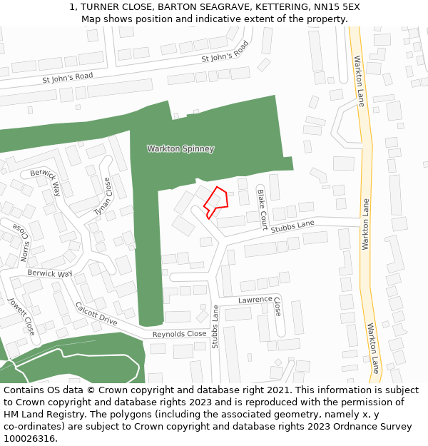 1, TURNER CLOSE, BARTON SEAGRAVE, KETTERING, NN15 5EX: Location map and indicative extent of plot