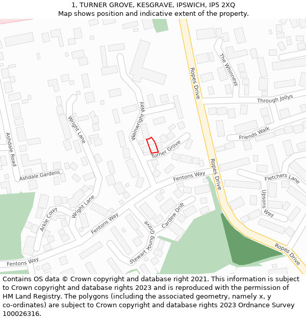 1, TURNER GROVE, KESGRAVE, IPSWICH, IP5 2XQ: Location map and indicative extent of plot