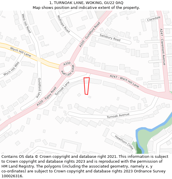 1, TURNOAK LANE, WOKING, GU22 0AQ: Location map and indicative extent of plot