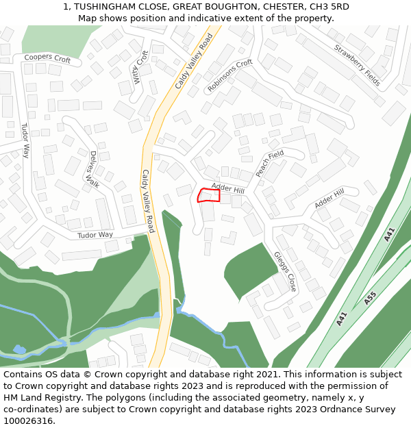 1, TUSHINGHAM CLOSE, GREAT BOUGHTON, CHESTER, CH3 5RD: Location map and indicative extent of plot