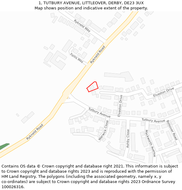 1, TUTBURY AVENUE, LITTLEOVER, DERBY, DE23 3UX: Location map and indicative extent of plot