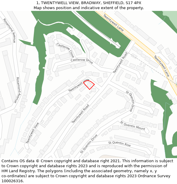 1, TWENTYWELL VIEW, BRADWAY, SHEFFIELD, S17 4PX: Location map and indicative extent of plot