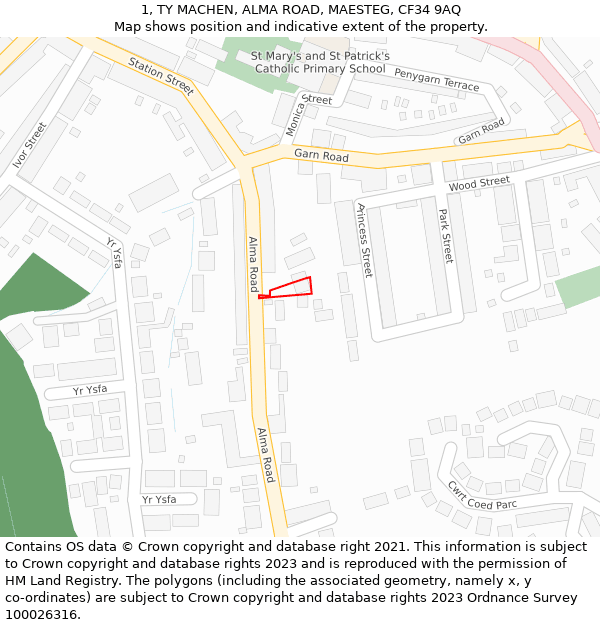 1, TY MACHEN, ALMA ROAD, MAESTEG, CF34 9AQ: Location map and indicative extent of plot