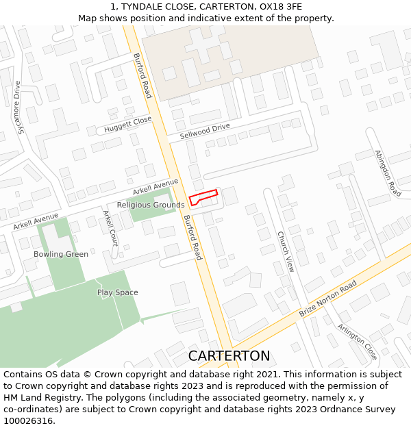 1, TYNDALE CLOSE, CARTERTON, OX18 3FE: Location map and indicative extent of plot