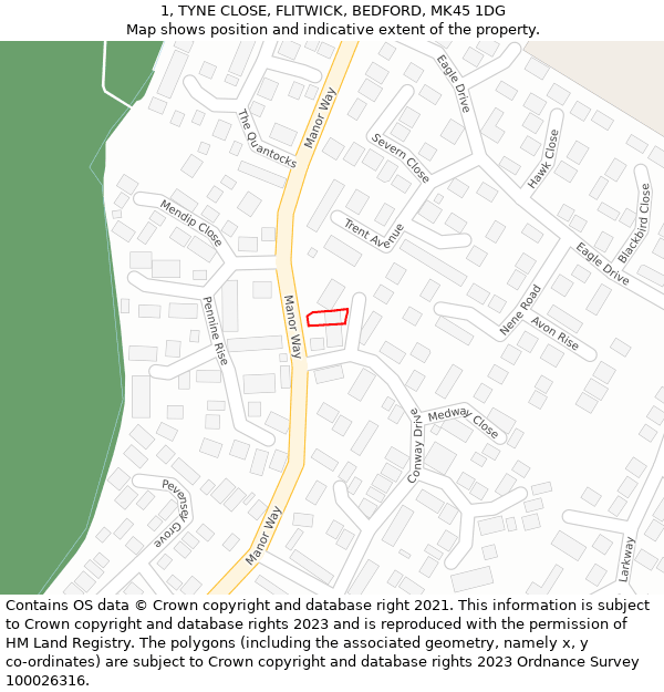 1, TYNE CLOSE, FLITWICK, BEDFORD, MK45 1DG: Location map and indicative extent of plot