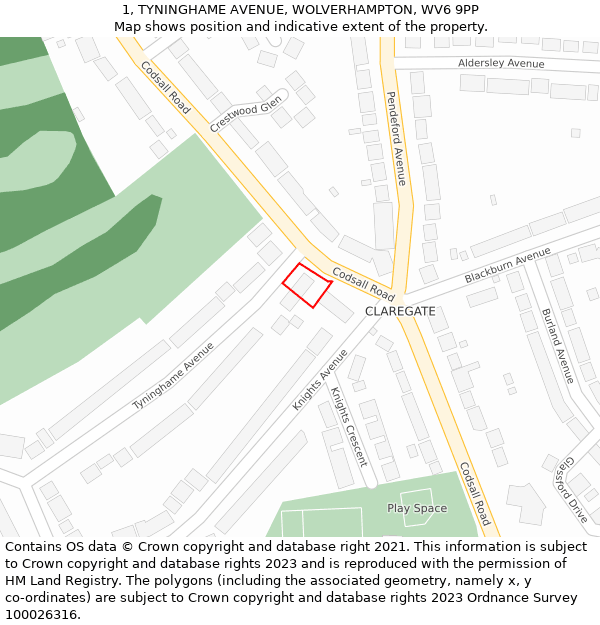 1, TYNINGHAME AVENUE, WOLVERHAMPTON, WV6 9PP: Location map and indicative extent of plot