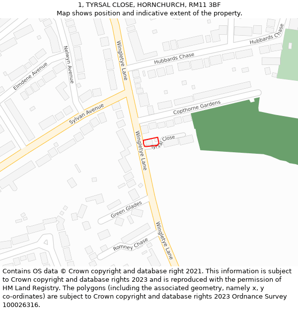 1, TYRSAL CLOSE, HORNCHURCH, RM11 3BF: Location map and indicative extent of plot
