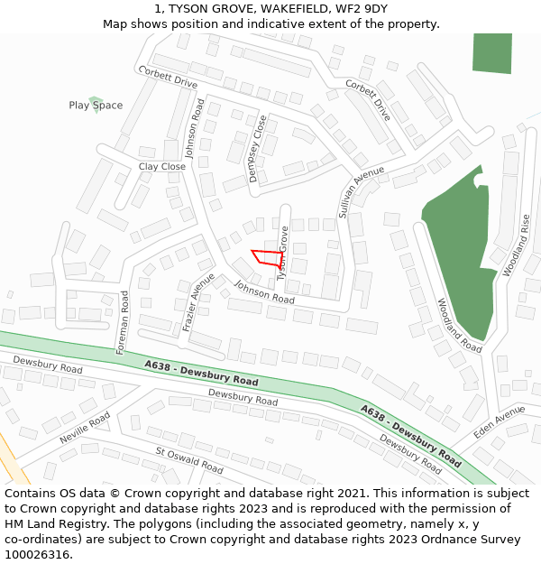 1, TYSON GROVE, WAKEFIELD, WF2 9DY: Location map and indicative extent of plot