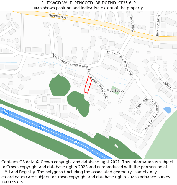 1, TYWOD VALE, PENCOED, BRIDGEND, CF35 6LP: Location map and indicative extent of plot