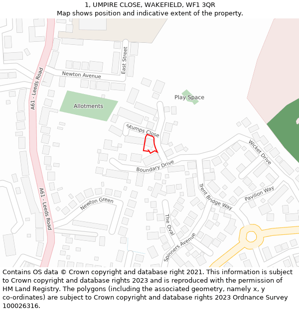 1, UMPIRE CLOSE, WAKEFIELD, WF1 3QR: Location map and indicative extent of plot