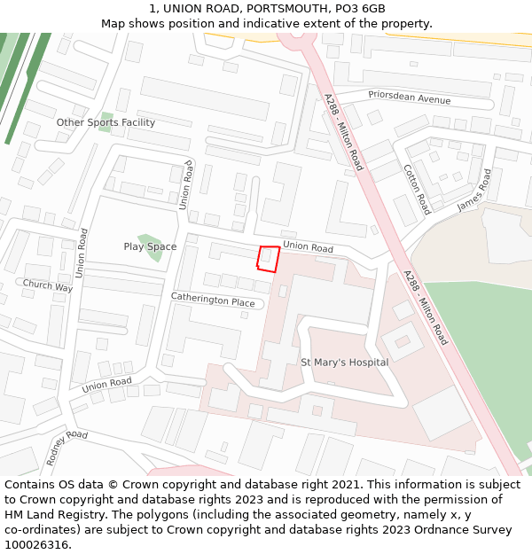 1, UNION ROAD, PORTSMOUTH, PO3 6GB: Location map and indicative extent of plot