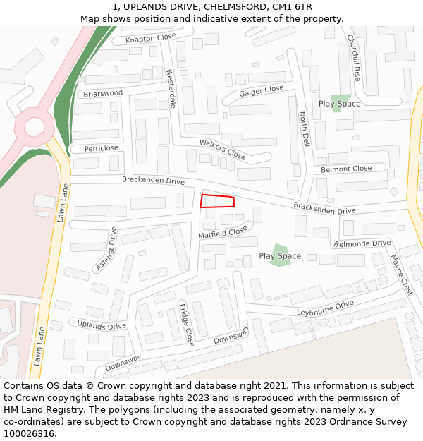 1, UPLANDS DRIVE, CHELMSFORD, CM1 6TR: Location map and indicative extent of plot