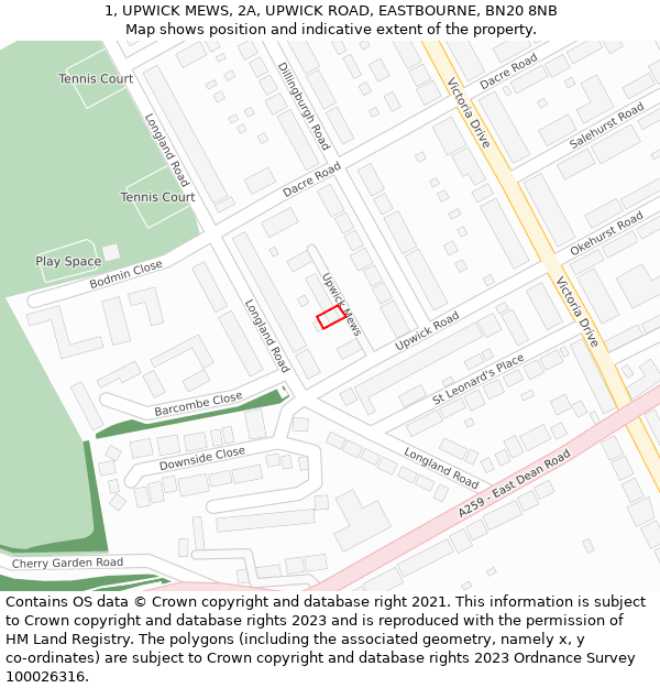 1, UPWICK MEWS, 2A, UPWICK ROAD, EASTBOURNE, BN20 8NB: Location map and indicative extent of plot