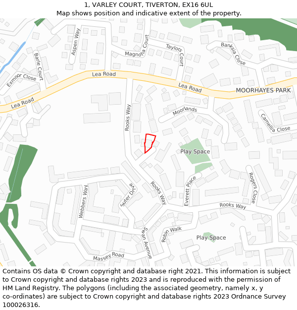 1, VARLEY COURT, TIVERTON, EX16 6UL: Location map and indicative extent of plot