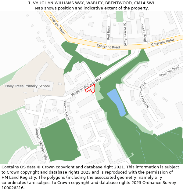 1, VAUGHAN WILLIAMS WAY, WARLEY, BRENTWOOD, CM14 5WL: Location map and indicative extent of plot