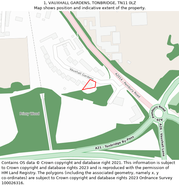 1, VAUXHALL GARDENS, TONBRIDGE, TN11 0LZ: Location map and indicative extent of plot