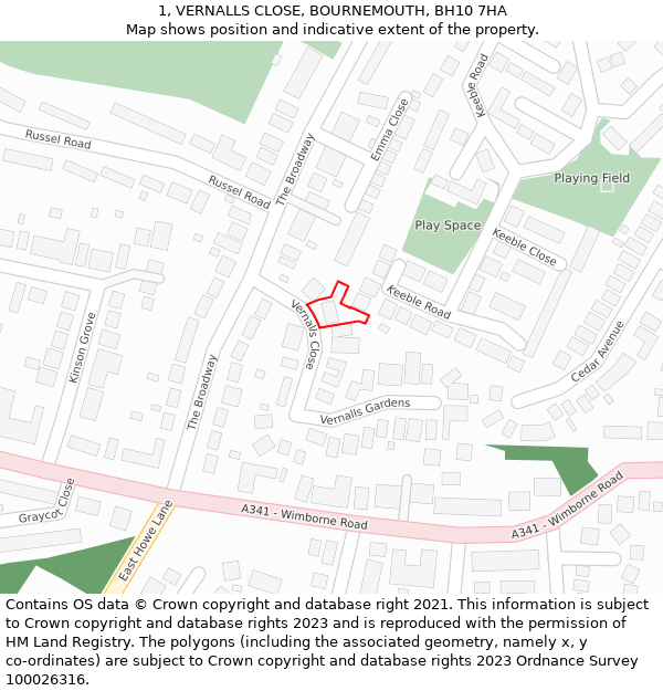 1, VERNALLS CLOSE, BOURNEMOUTH, BH10 7HA: Location map and indicative extent of plot
