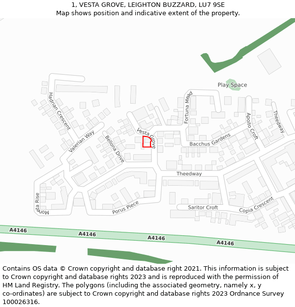 1, VESTA GROVE, LEIGHTON BUZZARD, LU7 9SE: Location map and indicative extent of plot