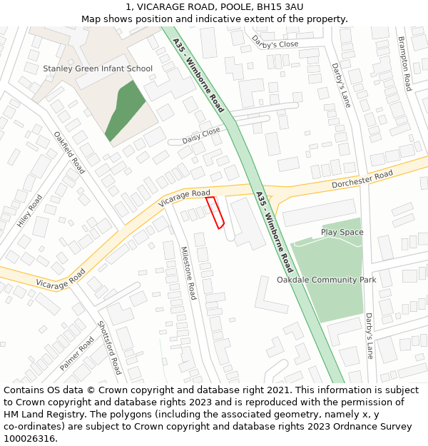 1, VICARAGE ROAD, POOLE, BH15 3AU: Location map and indicative extent of plot