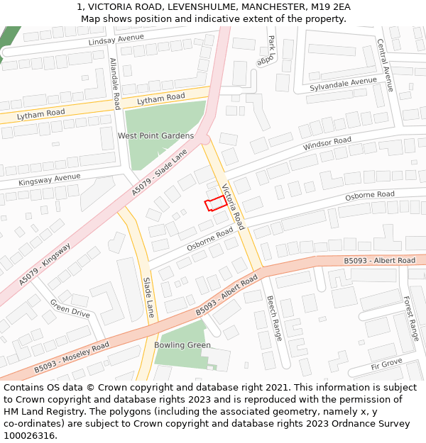 1, VICTORIA ROAD, LEVENSHULME, MANCHESTER, M19 2EA: Location map and indicative extent of plot