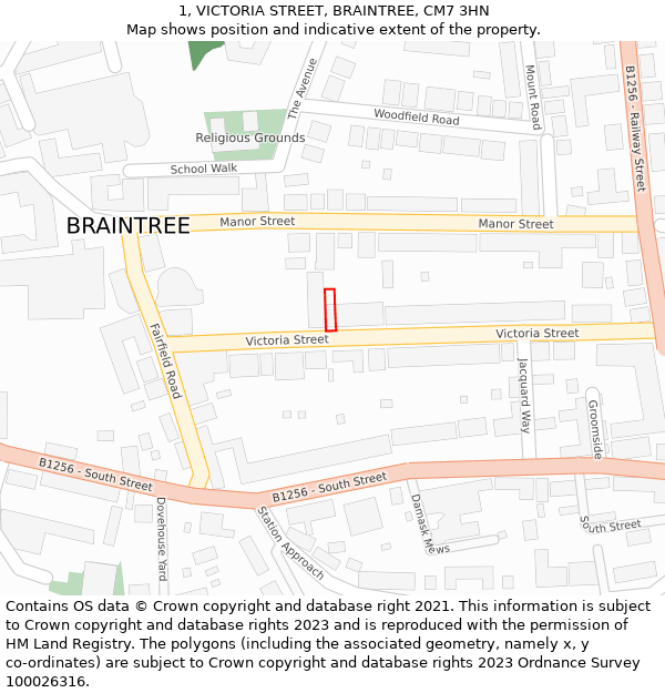 1, VICTORIA STREET, BRAINTREE, CM7 3HN: Location map and indicative extent of plot
