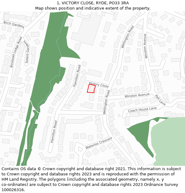 1, VICTORY CLOSE, RYDE, PO33 3RA: Location map and indicative extent of plot