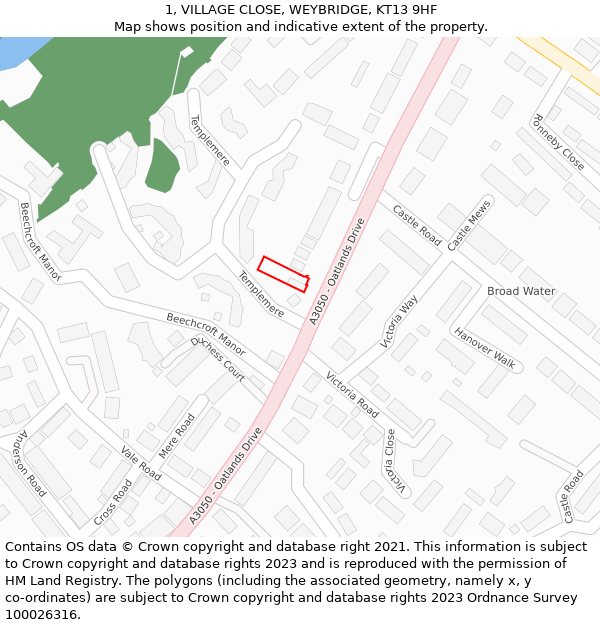 1, VILLAGE CLOSE, WEYBRIDGE, KT13 9HF: Location map and indicative extent of plot