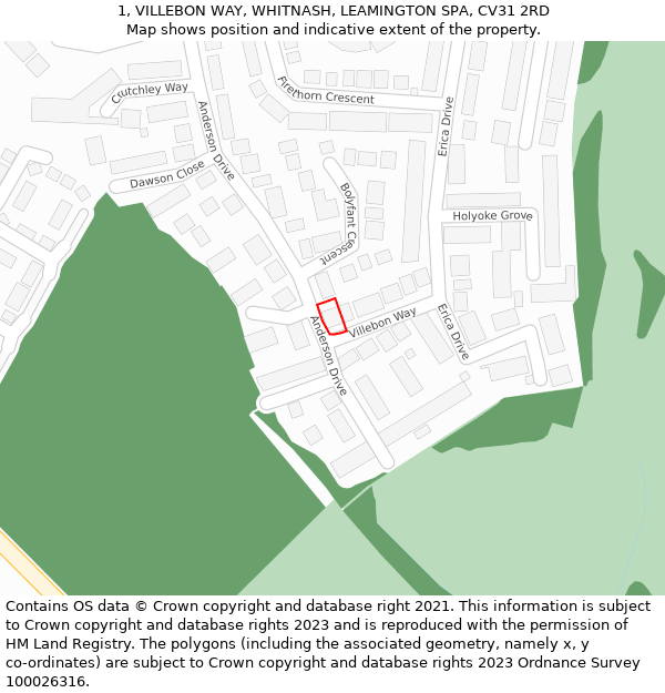 1, VILLEBON WAY, WHITNASH, LEAMINGTON SPA, CV31 2RD: Location map and indicative extent of plot