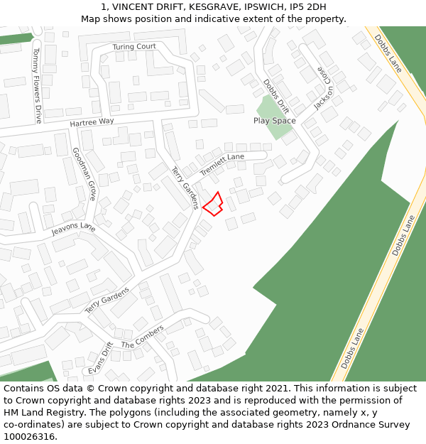 1, VINCENT DRIFT, KESGRAVE, IPSWICH, IP5 2DH: Location map and indicative extent of plot