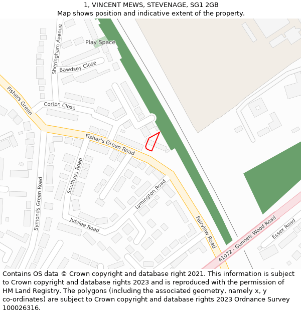 1, VINCENT MEWS, STEVENAGE, SG1 2GB: Location map and indicative extent of plot