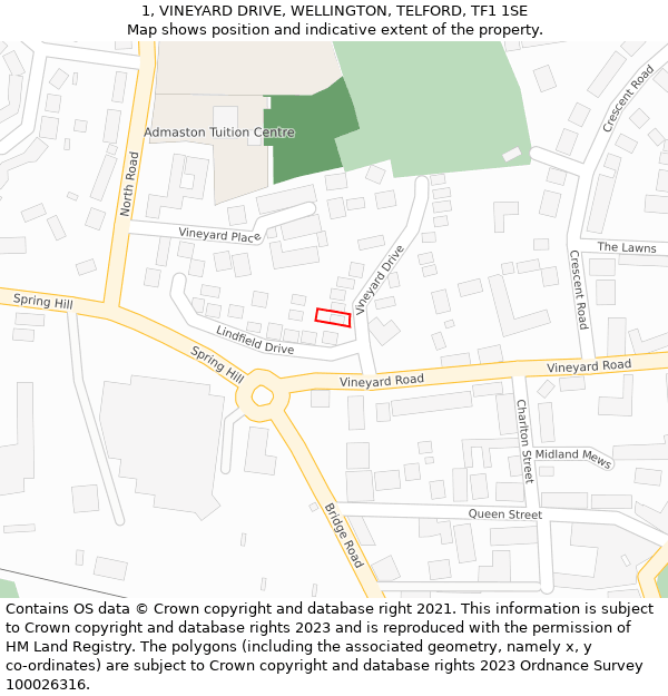 1, VINEYARD DRIVE, WELLINGTON, TELFORD, TF1 1SE: Location map and indicative extent of plot