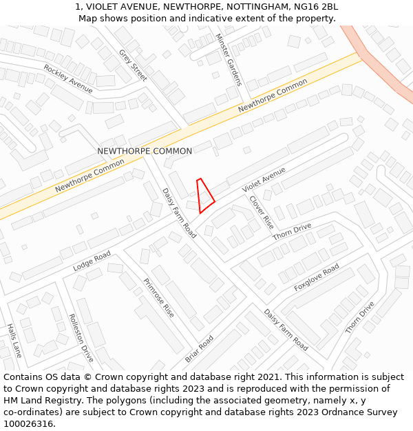 1, VIOLET AVENUE, NEWTHORPE, NOTTINGHAM, NG16 2BL: Location map and indicative extent of plot