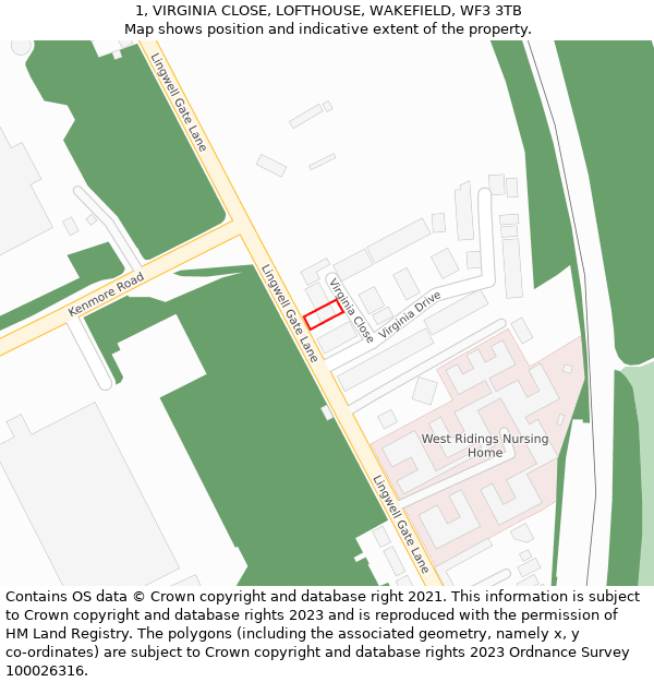 1, VIRGINIA CLOSE, LOFTHOUSE, WAKEFIELD, WF3 3TB: Location map and indicative extent of plot