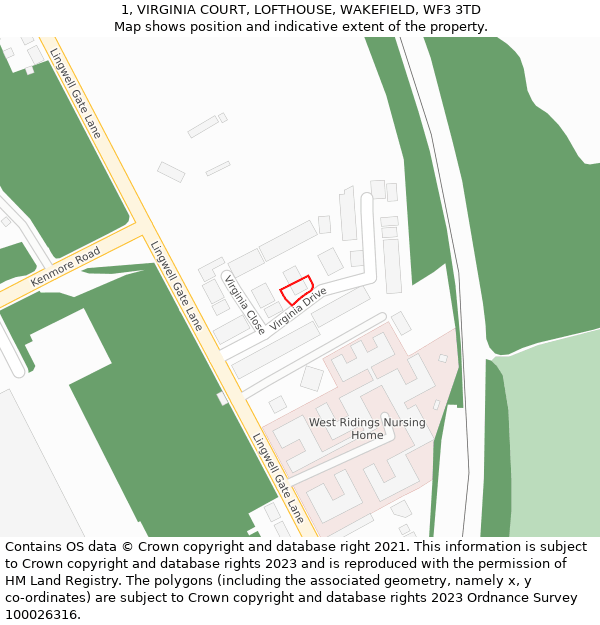 1, VIRGINIA COURT, LOFTHOUSE, WAKEFIELD, WF3 3TD: Location map and indicative extent of plot