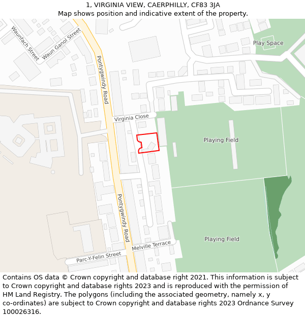 1, VIRGINIA VIEW, CAERPHILLY, CF83 3JA: Location map and indicative extent of plot