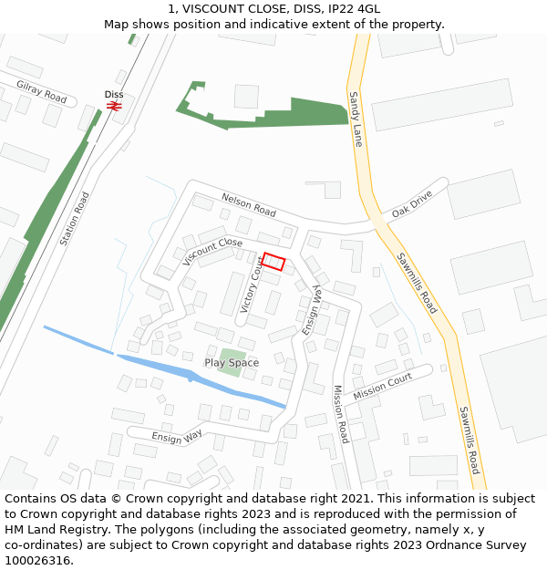 1, VISCOUNT CLOSE, DISS, IP22 4GL: Location map and indicative extent of plot