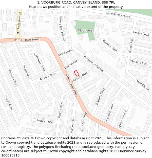 1, VOORBURG ROAD, CANVEY ISLAND, SS8 7RL: Location map and indicative extent of plot