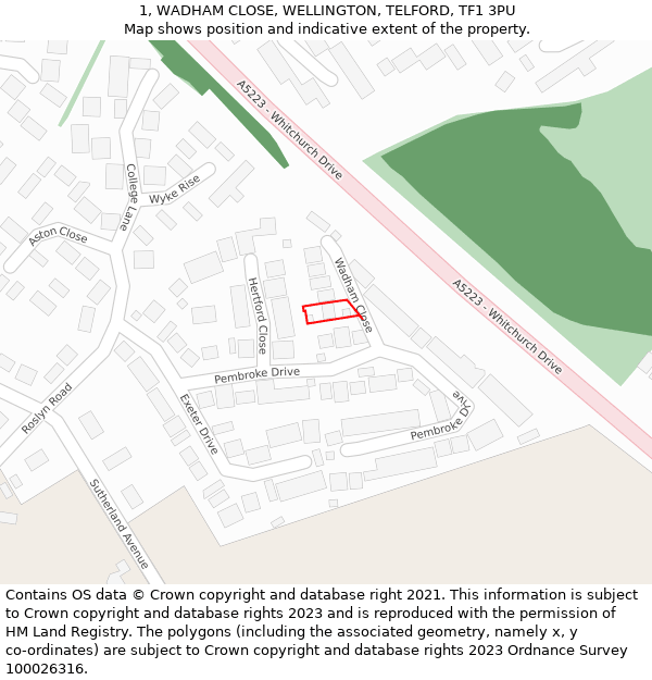 1, WADHAM CLOSE, WELLINGTON, TELFORD, TF1 3PU: Location map and indicative extent of plot
