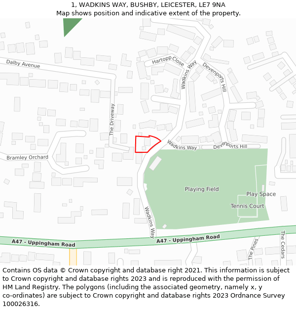 1, WADKINS WAY, BUSHBY, LEICESTER, LE7 9NA: Location map and indicative extent of plot